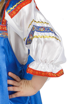 Русский народный костюм детский атласный синий комплект "Василиса": сарафан и блузка, 7-12 лет