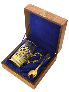 Позолоченный подстаканник Златоуст "Снегири" с ложкой, хрустальным стаканом в подарочном футляре