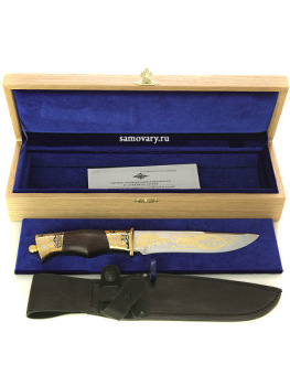 Сувенирный нож с позолотой "Охотник" в ножнах из кожи, Златоуст