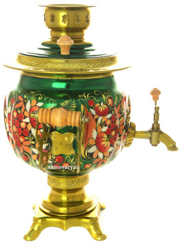 Набор самовар электрический 3 литра с художественной росписью "Птица, рябина, цветы на зеленом фоне", арт. 199885