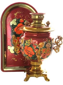 Электрический самовар 3 литра с художественной росписью "Маки, клубника на бордовом фоне" в наборе с подносом, арт. 171504