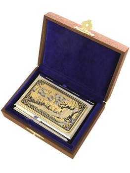 Визитница позолоченная с гравюрой "Бизоны" с ручкой в подарочном футляре, Златоуст