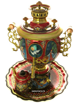 Комбинированный самовар 4,5 литра с художественной росписью "Сказочный сюжет" в наборе с подносом и чайником, арт. 300015