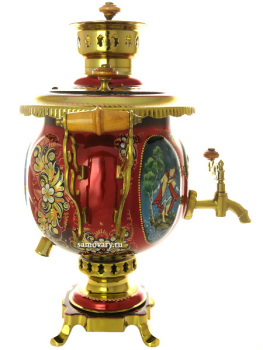Комбинированный самовар 4,5 литра с художественной росписью "Сказочный сюжет" в наборе с подносом и чайником, арт. 300015