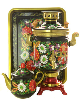 Набор самовар электрический 3 литра с художественной росписью "Маки ромашки на черном", арт. 144549