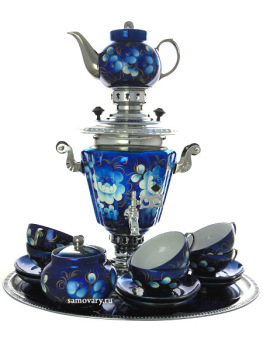 Набор самовар электрический 3 литра с художественной росписью "Жостово на синем фоне" с чайным сервизом и подносом, арт. 103558с