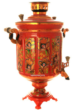 Электрический самовар 10 литров с художественной росписью "Хохлома рыжая на красном фоне", арт. 121013