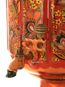 Электрический самовар 10 литров с художественной росписью "Хохлома рыжая на красном фоне", арт. 121013