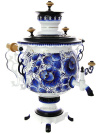 Комбинированный самовар 4,5 литра с художественной росписью "Гжель" в наборе с подносом и чайником, арт. 320504