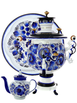 Комбинированный самовар 4,5 литра с художественной росписью "Гжель" в наборе с подносом и чайником, арт. 320504