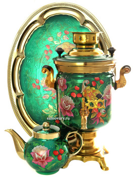 Набор самовар электрический 3 литра с художественной росписью "Жар-птица на зеленом фоне" Тула, арт. 155625