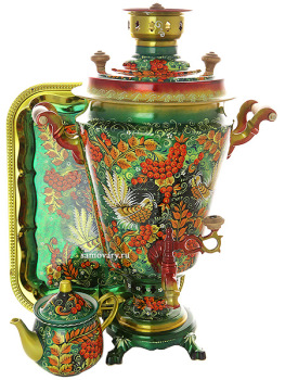 Комбинированный самовар 7 литров с художественной росписью "Хохлома на зеленом фоне" в наборе с подносом и чайником, арт. 300009