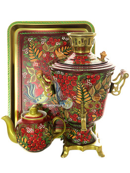 Набор самовар электрический 3 литра с художественной росписью "Птица, рябина на бордовом фоне", арт. 160017