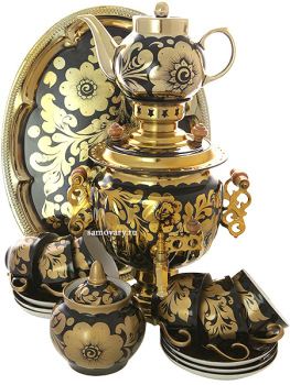 Самовар электрический 3 литра с чайником и подносом, роспись "Золотые цветы на черном фоне" с чайным сервизом, арт. 160323с