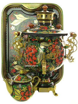 Комбинированный самовар 4,5 литра "шар" с художественной росписью "Хохлома классическая" в наборе с подносом и чайником, арт. 311110