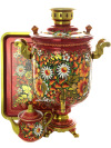 Набор самовар электрический 10 литров с художественной росписью "Хохлома на красном фоне", арт. 131069