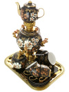Набор самовар электрический 3 литра с художественной росписью "Жостово на черном фоне" с чайным сервизом и подносом, арт. 120319с