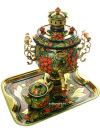 Комбинированный самовар 4,5 литра "шар" с художественной росписью "Хохлома классическая" в наборе с подносом и чайником, арт. 311110