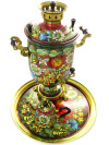 Комбинированный самовар 7 литров с художественной росписью  "Солнышко" в наборе с подносом и чайником, арт. 310543