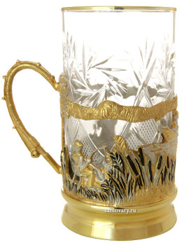 Чайный набор "Рыбак" (ложка, тарелка, хрусталь) Златоуст позолоченный