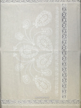 Комплект столового белья - лен с вышивкой Вологодским кружевом, цвет серый, светлое кружево, арт. 6нхп-664