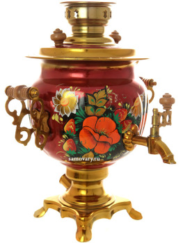 Набор самовар электрический 3 литра с художественной росписью "Маки, клубника на бордовом фоне", "овал", арт. 130396