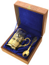 Позолоченный подстаканник чайный "Лебеди" с ложкой, хрустальным стаканом в подарочном футляре Златоуст