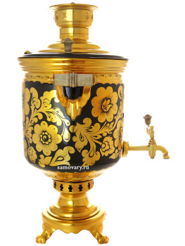 Угольный самовар 7 литров с художественной росписью "Золотая хохлома" "цилиндр" в наборе, арт. 220531