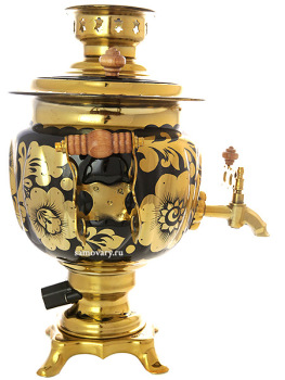 Самовар электрический 3 литра с чайником и подносом, роспись "Золотые цветы на черном фоне" с чайным сервизом, арт. 160323с