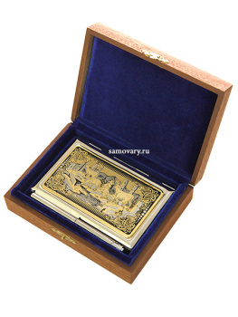 Позолоченная визитница в комплекте с ручкой с гравюрой "Олени на водопое" Златоуст