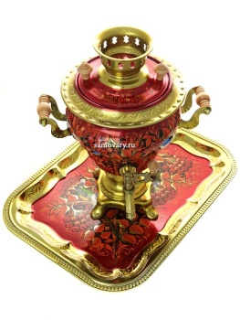 Набор самовар электрический 2,5 литра с художественной росписью "Птица, рябина на красном фоне" с подносом, арт. 141409