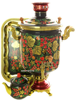 Комбинированный самовар 7 литров с художественной росписью "Хохлома классическая" в наборе с подносом и чайником, арт. 309391