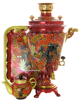 Комбинированный самовар 7 литров с художественной росписью "Хохлома на красном фоне" в наборе с подносом и чайником, арт. 300010