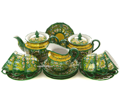 Чайный сервиз с художественной росписью "Вербилки", зеленый на 6 персон