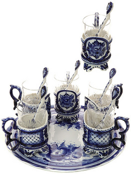 Набор чайный на 6 персон с художественной росписью гжель "Чаепитие"