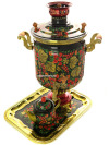 Комбинированный самовар 7 литров с художественной росписью "Хохлома классическая" в наборе с подносом и чайником, арт. 309391
