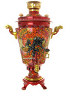 Комбинированный самовар 7 литров с художественной росписью "Хохлома на красном фоне" в наборе с подносом и чайником, арт. 300010