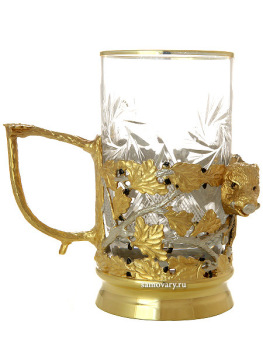 Чайный набор "Кабан" (подстаканник, ложка, тарелка, хрусталь)  Златоуст позолоченный
