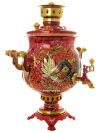 Комбинированный самовар 4,5 литра "шар" с художественной росписью "Хохлома на красном фоне" в наборе с чайником и подносом, арт. 311500