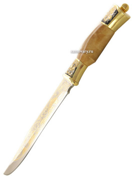 Позолоченный нож Златоуст "Тайга" в кожаных ножнах