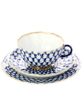 3-х предметный чайный комплект форма "Тюльпан", рисунок "Кобальтовая сетка", Императорский фарфоровый завод
