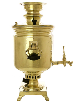 Электрический самовар 5 литров желтый "цилиндр" антикварный, произведен в конце XIX века на фабрике Горнина в Тулъ, с  медалями, арт. 120901
