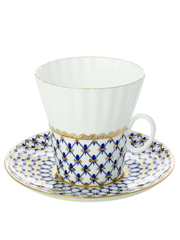 Чашка с блюдцем чайная форма "Одуванчик", рисунок "Кобальтовая сетка", Императорский фарфоровый завод