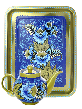 Комплект: поднос и чайник с художественной росписью "Кружево"