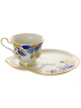 Чашка с блюдцем чайная форма "Весенний" рисунок "Синий цветок", Дулевский фарфор