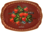 Поднос Жостово "Клубника на бордовом" овал с фигурным краем, арт. 4167