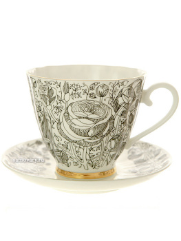 Чашка с блюдцем чайная форма "Гвоздика" рисунок "Лето черное", Императорский фарфоровый завод