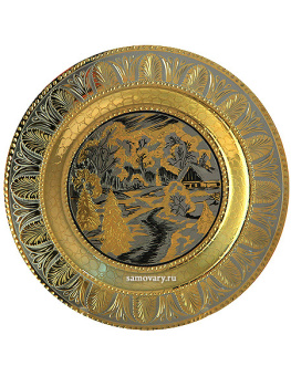 Декоративная тарелка "Избушка в лесу" позолоченная, Златоуст