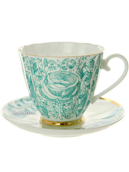 Чашка с блюдцем чайная форма "Гвоздика" рисунок "Лето зеленое", Императорский фарфоровый завод