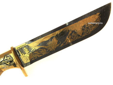 Сувенирный нож Златоуст "Вавилон" дамаск +кожаные ножны